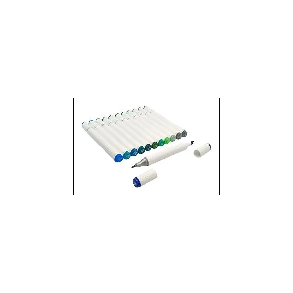 12 FEUTRES A ALCOOL DOUBLE POINTE COULEURS TONS BLEU VERT
