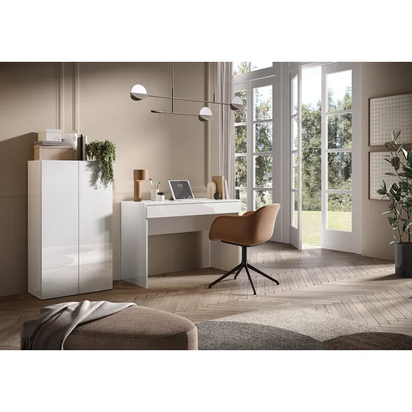 Armoire de bureau moderne H 114 cm laquée blanc brillant Loucia