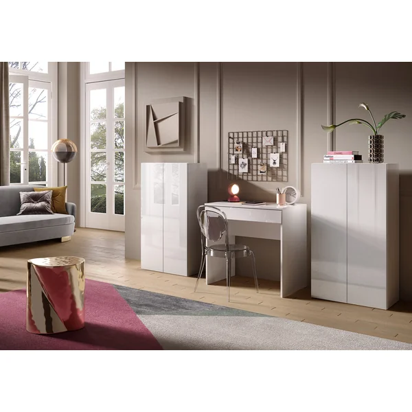 Armoire de bureau moderne H 114 cm laquée blanc brillant Loucia