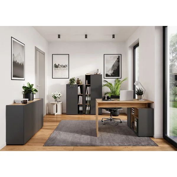 Armoire de bureau moderne H 145 cm graphite/chêne Azaro
