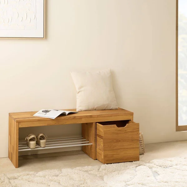 Banc à chaussures bois massif avec 1 cube de rangement Cyriel - Chêne Massif