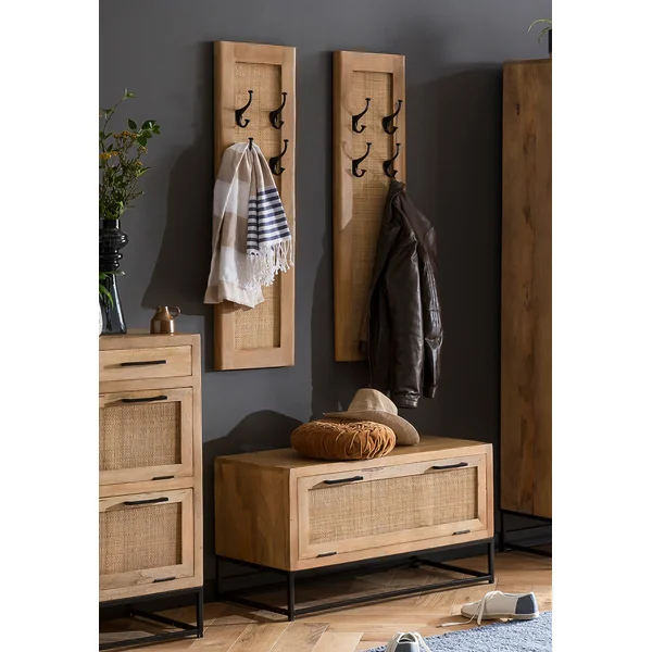 Banc à chaussures vintage en bois de manguier massif et rotin Candice