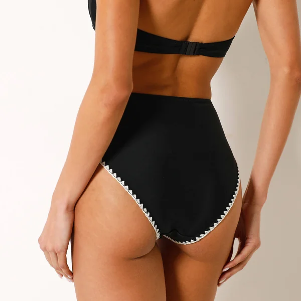 Bas de maillot de bain brodé taille haute, noir / écru