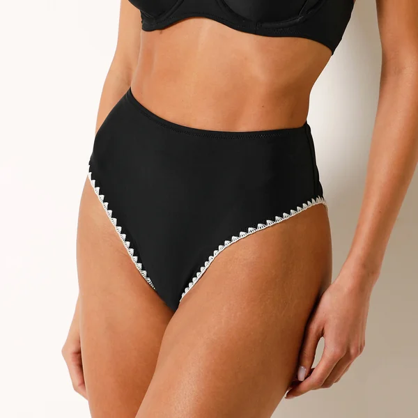 Bas de maillot de bain brodé taille haute, noir / écru