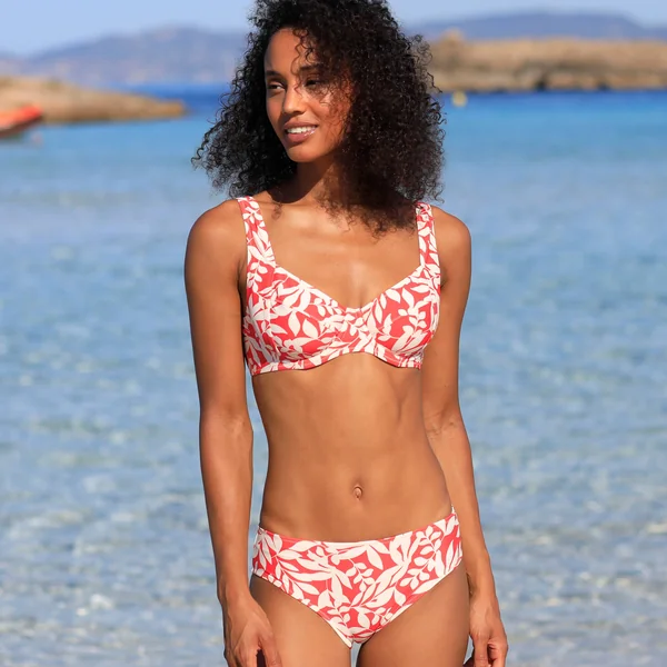 Bas de maillot de bain forme midi imprimé Linao, grenadine / écru