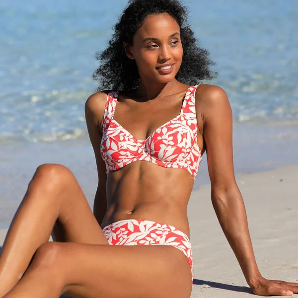 Bas de maillot de bain forme midi imprimé Linao, grenadine / écru