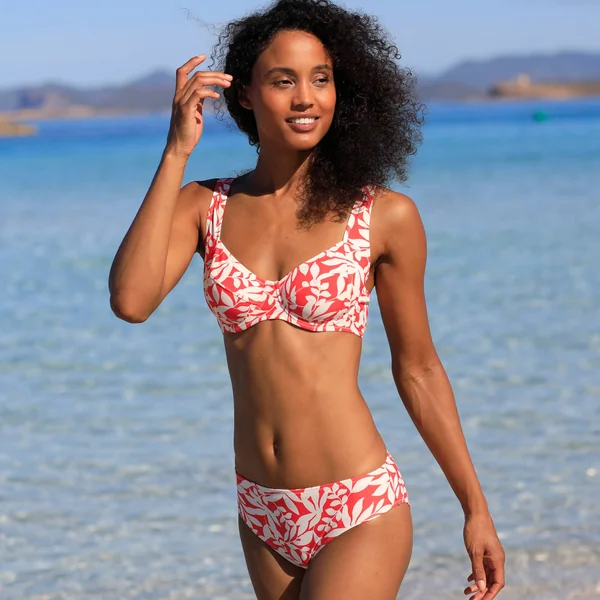 Bas de maillot de bain forme midi imprimé Linao, grenadine / écru