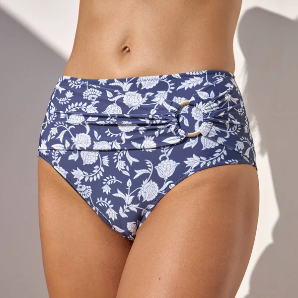 Bas de maillot de bain taille haute drapé imprimé Saglia, marine / écru