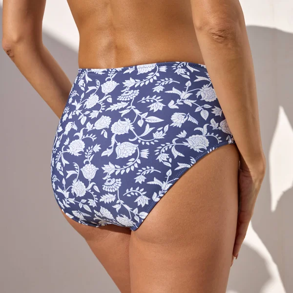 Bas de maillot de bain taille haute drapé imprimé Saglia, marine / écru