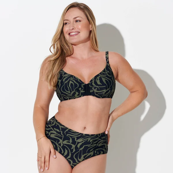 Bas de maillot de bain taille haute imprimé Floresta, noir / kaki