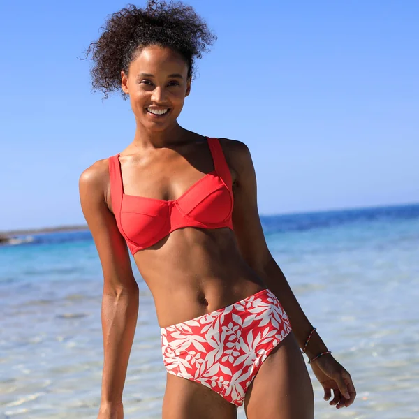 Bas de maillot de bain taille haute imprimé Linao, grenadine / écru