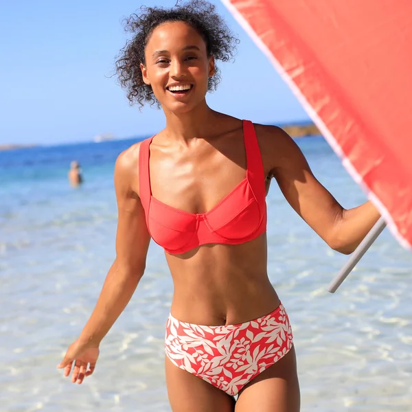 Bas de maillot de bain taille haute imprimé Linao, grenadine / écru