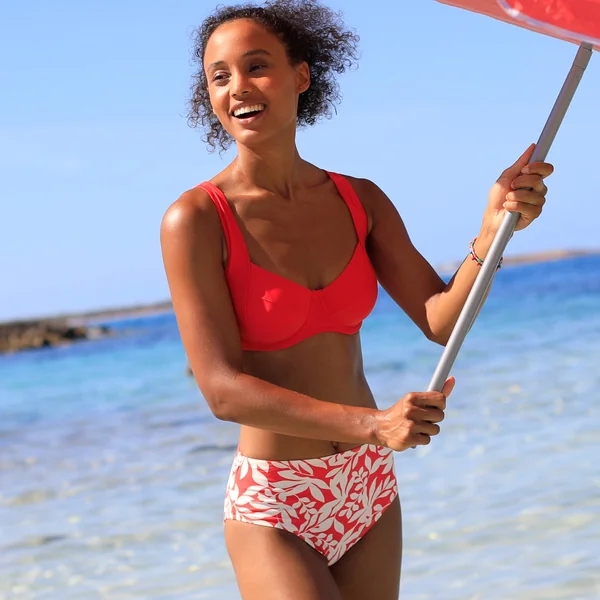 Bas de maillot de bain taille haute imprimé Linao, grenadine / écru