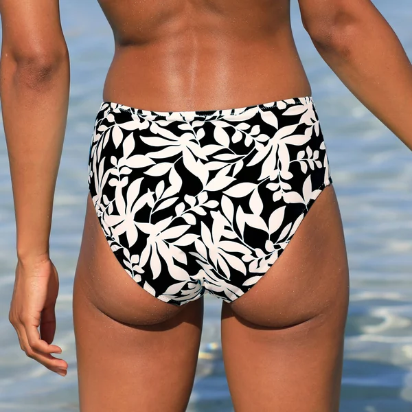 Bas de maillot de bain taille haute imprimé Linao, noir / écru
