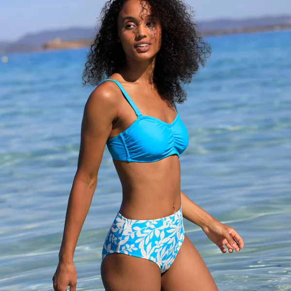 Bas de maillot de bain taille haute imprimé Linao, turquoise / écru