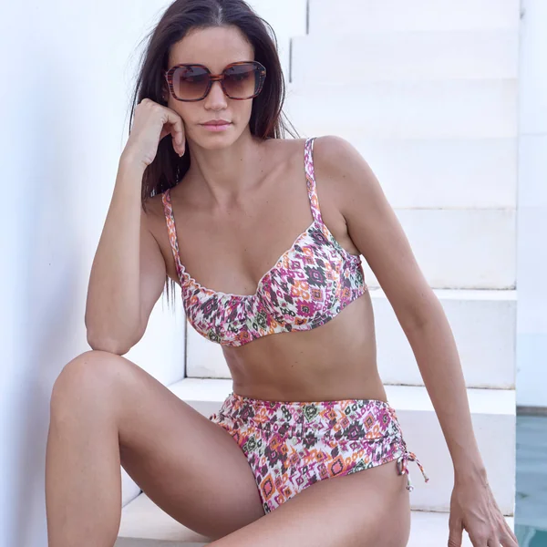 Bas de maillot de bain taille haute imprimé Tanza, corail / kaki