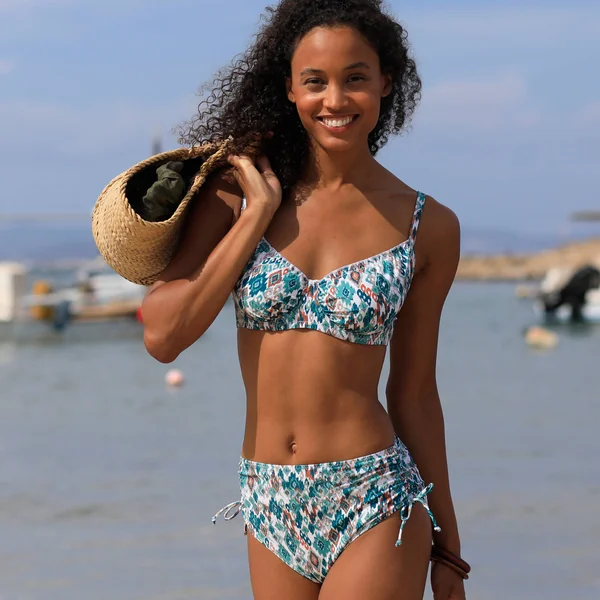 Bas de maillot de bain taille haute imprimé Tanza, écru / émeraude