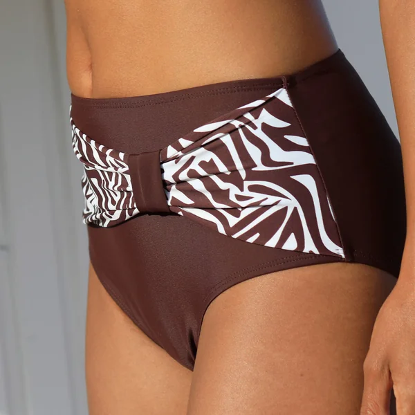 Bas de maillot de bain taille haute uni - effet drapé, chocolat
