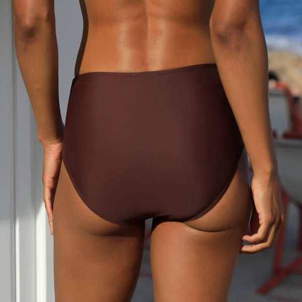 Bas de maillot de bain taille haute uni - effet drapé, chocolat