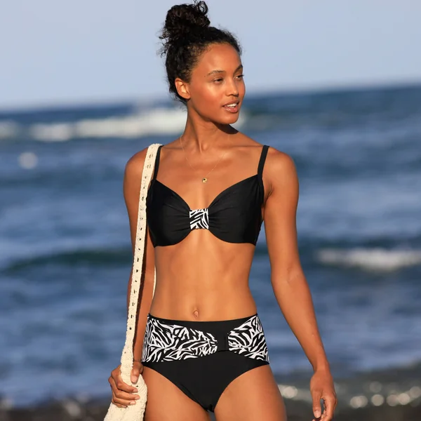 Bas de maillot de bain taille haute uni - effet drapé, noir