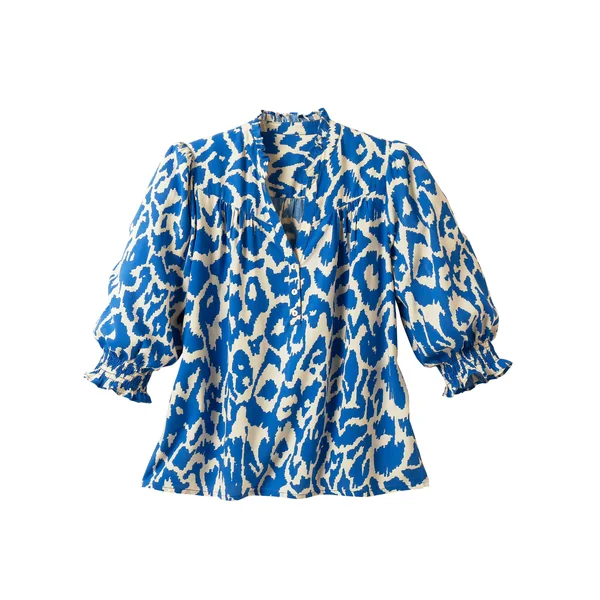 Blouse bicolore col tunisien, manches coudes smockées, bleu / beige