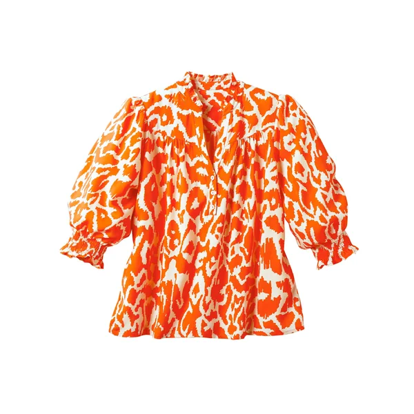 Blouse bicolore col tunisien, manches coudes smockées, corail / beige
