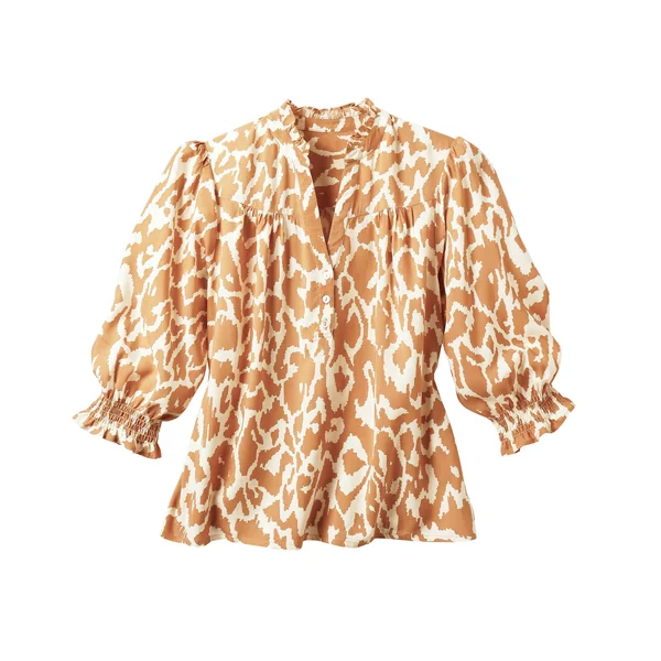 Blouse bicolore col tunisien, manches coudes smockées, noisette / beige