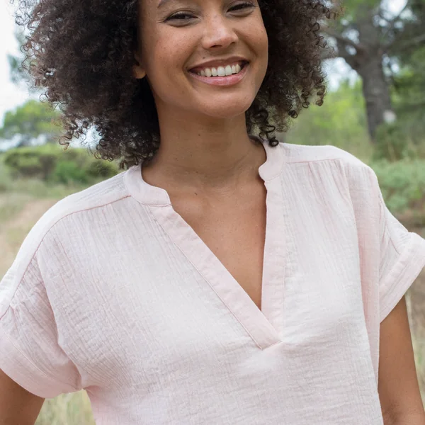 Blouse col tunisien unie en double gaze de coton , rose poudré