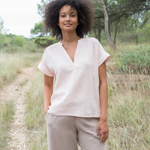 Blouse col tunisien unie en double gaze de coton , rose poudré