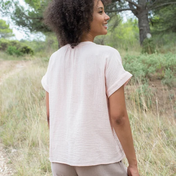 Blouse col tunisien unie en double gaze de coton , rose poudré