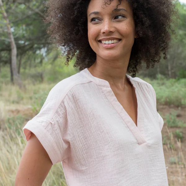 Blouse col tunisien unie en double gaze de coton , rose poudré