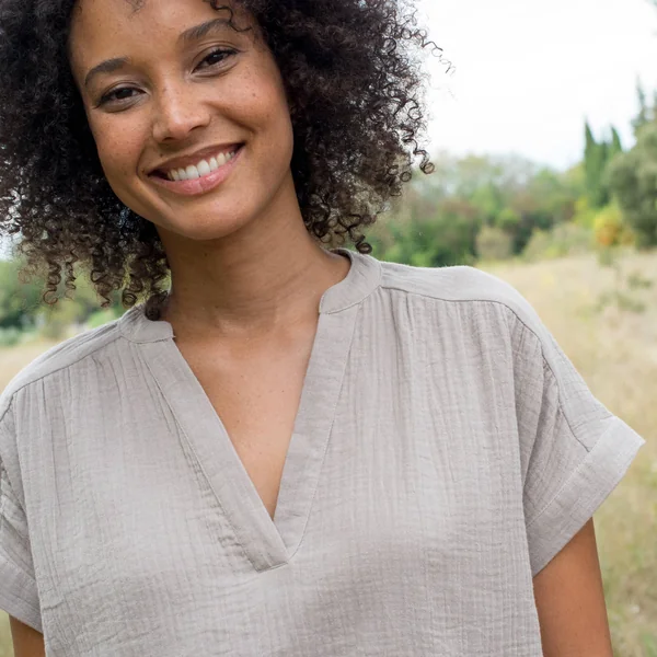 Blouse col tunisien unie en double gaze de coton , taupe clair