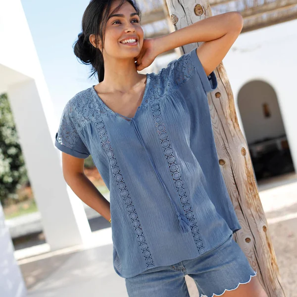 Blouse macramé, crépon coton, bleu grisé
