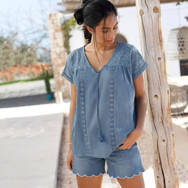 Blouse macramé, crépon coton, bleu grisé