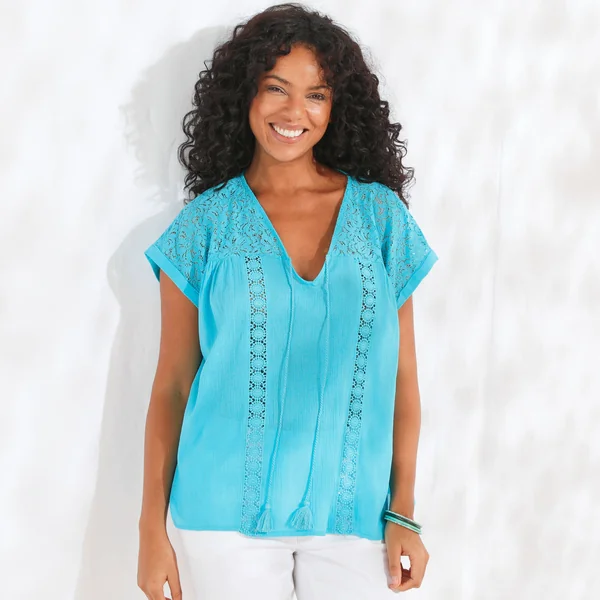 Blouse macramé, crépon coton, bleu turquoise