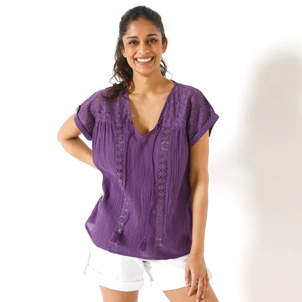 Blouse macramé, crépon coton, violet