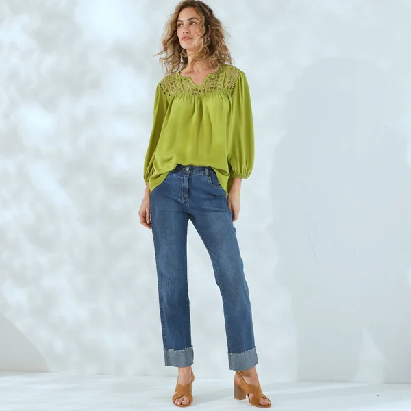 Blouse macramé manches 3/4, vert mousse