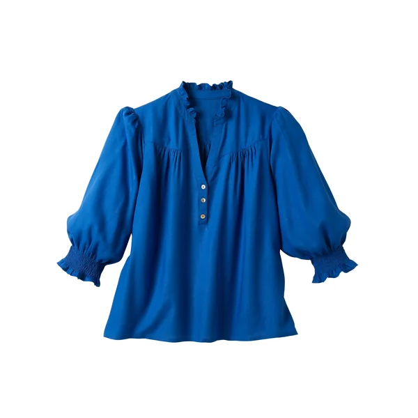 Blouse unie col tunisien, manches coudes smockées, bleu