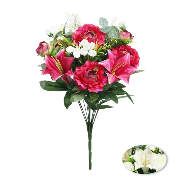 BOUQUET DE LYS. ROSES ET EUCALYPTUS H46CM 2 COULEURS ASSOR.