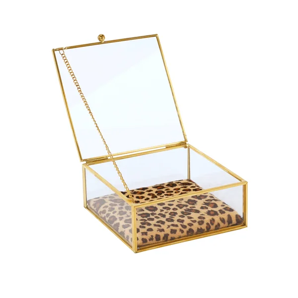 Boîte à bijoux verre et métal, avec coussin léopard, doré