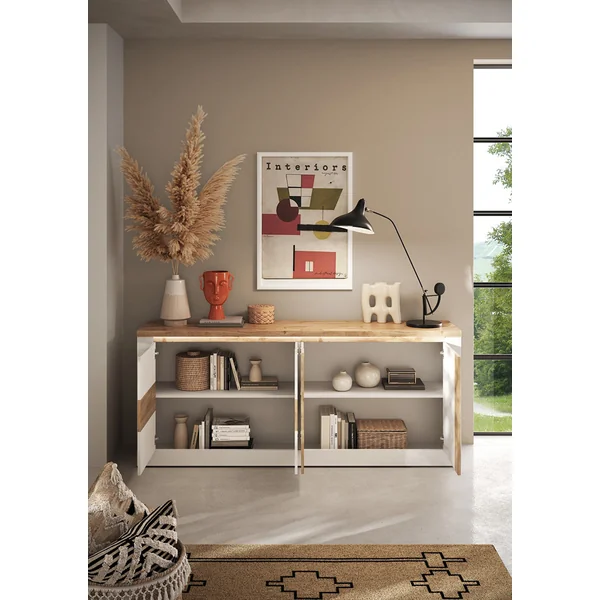 Buffet/bahut contemporain 210 cm blanc laqué brillant Isia