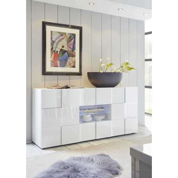 Buffet/bahut moderne 181 cm avec éclairage Led laqué blanc brillant Milenor