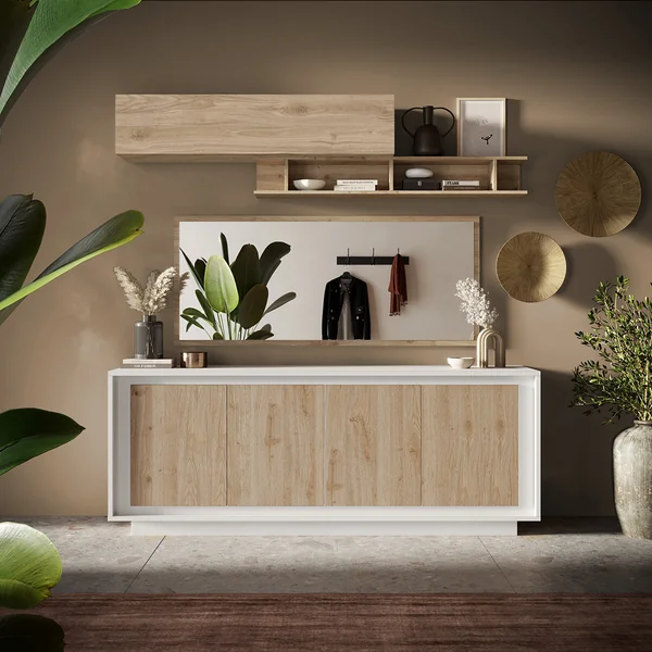 Buffet/bahut moderne 207 cm laqué blanc mat/chêne cadiz Rosine