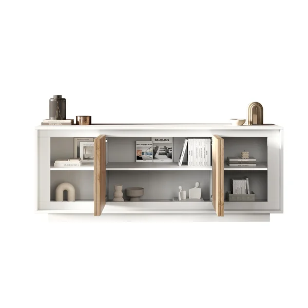 Buffet/bahut moderne 207 cm laqué blanc mat/chêne cadiz Rosine
