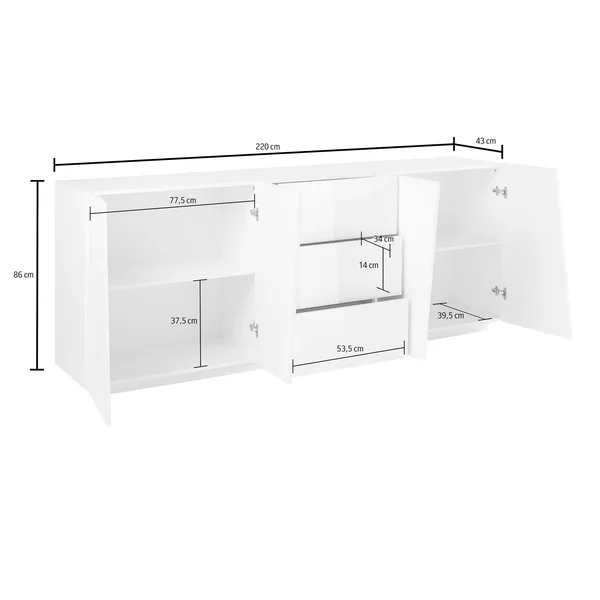 Buffet/bahut moderne 220 cm blanc laqué brillant Vegas