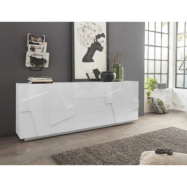 Buffet/bahut moderne 224 cm blanc laqué brillant Pittsburgh