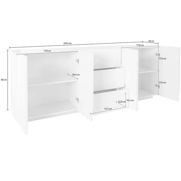 Buffet/bahut moderne 224 cm blanc laqué brillant Pittsburgh
