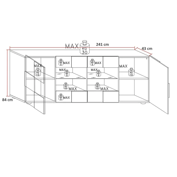 Buffet/bahut moderne 241 cm laqué gris brillant Milenor