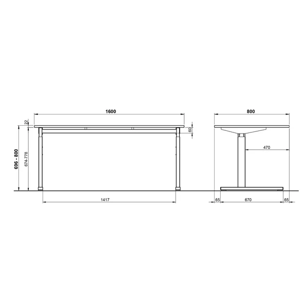 Bureau droit assis-debout manuel gris clair/noir Organza
