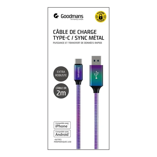 Cable usb a to type c 2 m metal